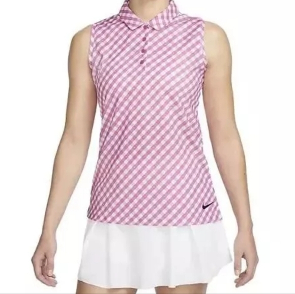 Nike Dri Fit Victory Sleeveless Polo Pink Gingham - Picture 1 of 4